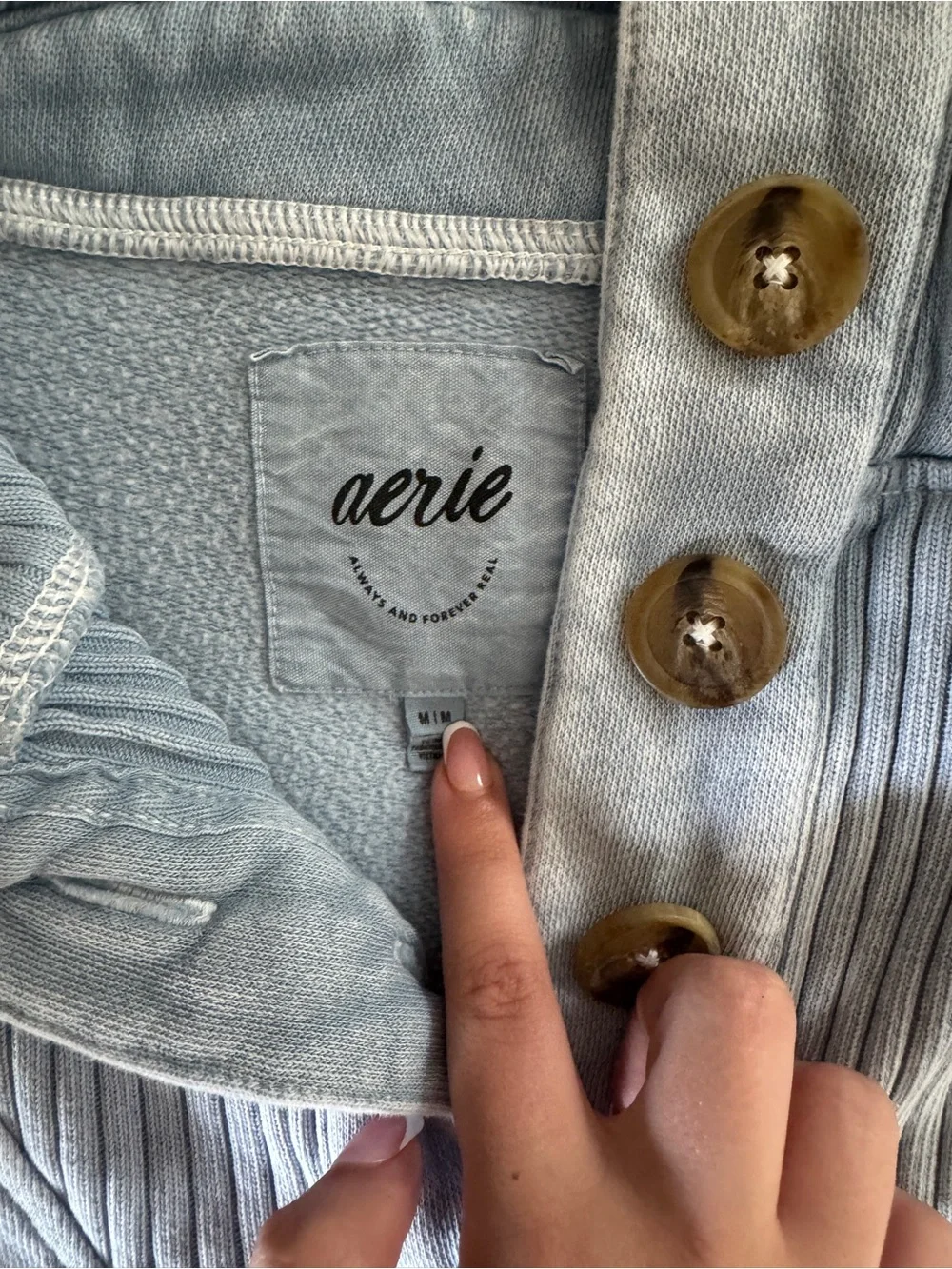 aerie Dusty Blue Button-Up Funnel Neck Pullover and barrel sweatpants set